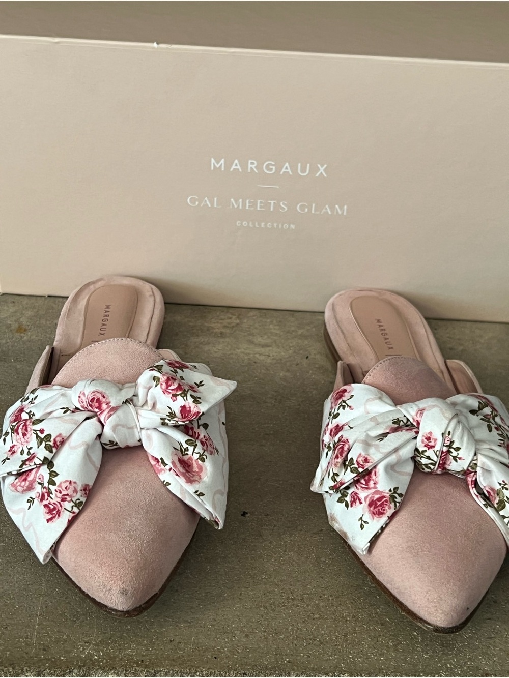 Margaux Blush Suede Slide Mules with Floral Bow Accent gal meets glam collection